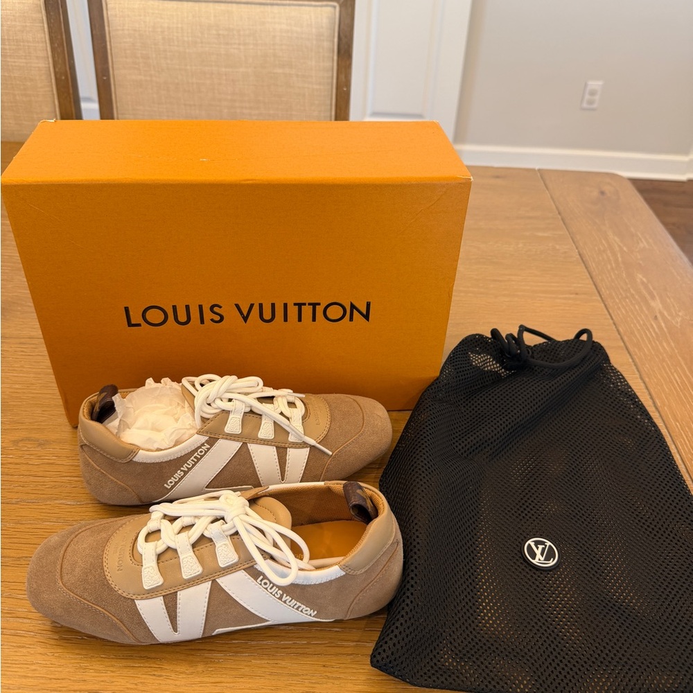 THRIFTEDLouis Vuitton Men's Tan and White Sneakers - Picture 2 of 7